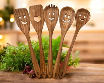 Handmade Smiley Cherry Wood Utensil Set – Eco-Friendly Kitchen Tools