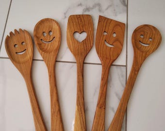 Handmade Cherry Wood Cooking Utensils: Smiley Face Spoons, Eco-Friendly Kitchenware
