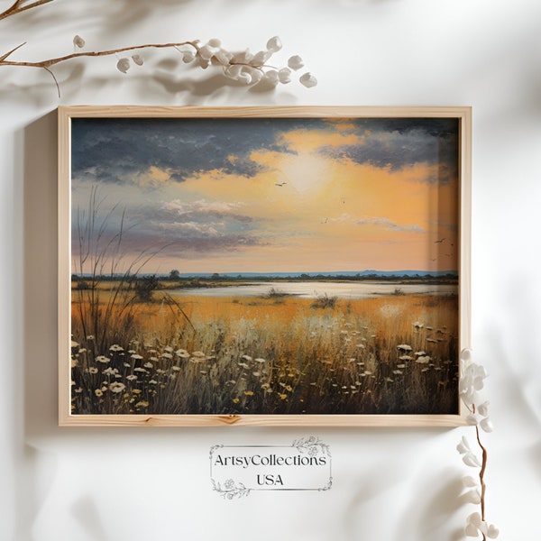 Printable WildFlower by the Lake Landscape Wall Art, Vintage Landscape Digital Art, Oil painting style Autunm english field Digital Download