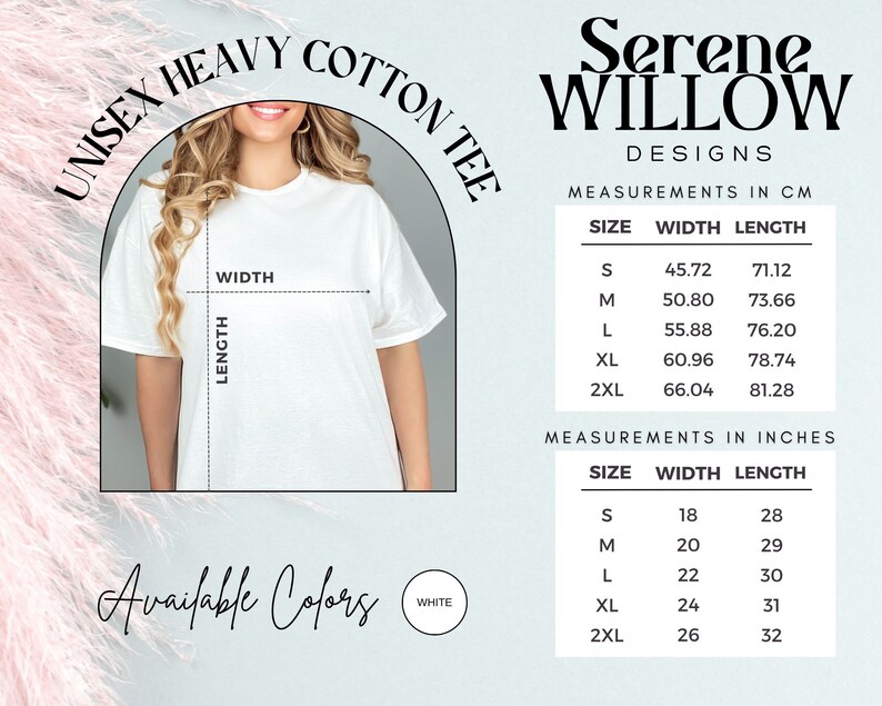K&ouml;nnte beinhalten: Gr&ouml;&szlig;entabelle f&uuml;r ein Unisex-T-Shirt aus schwerem Baumwollstoff in Zentimetern und Zoll. Die Tabelle zeigt die Breiten- und L&auml;ngenma&szlig;e f&uuml;r die Gr&ouml;&szlig;en S, M, L, XL und 2XL. Das T-Shirt ist in Wei&szlig; erh&auml;ltlich.