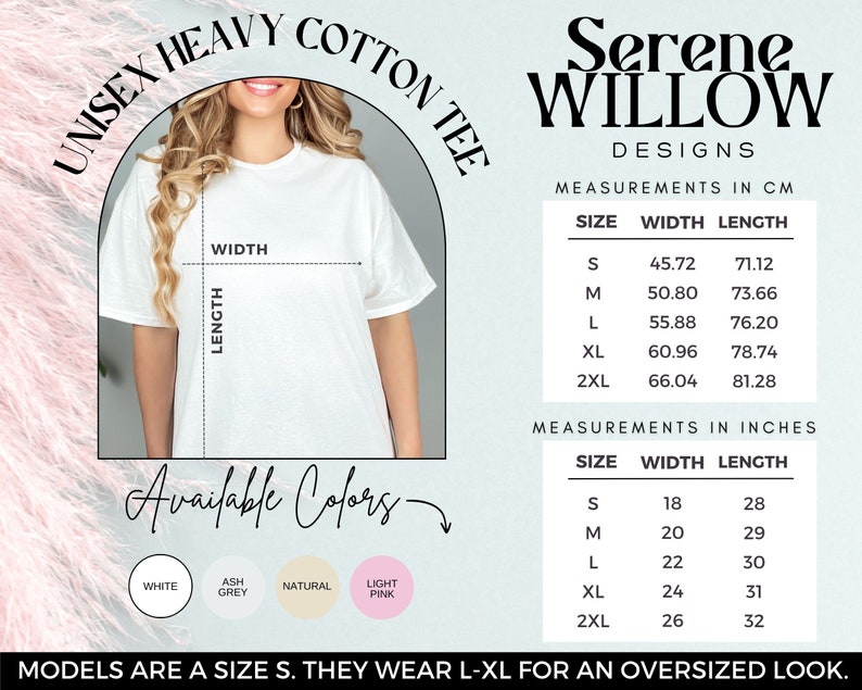 Puede incluir: Tabla de tallas para camiseta unisex de algod&oacute;n pesado en cent&iacute;metros y pulgadas. La tabla muestra las medidas de ancho y largo para las tallas S, M, L, XL y 2XL. Los colores disponibles son blanco, gris ceniza, natural y rosa claro.