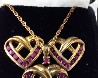 Vermeil Heart pendant and matching earrings on gold tone chain