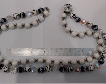 Black and White glass, plastic beads and swarovski bead necklace