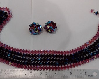 Swarovski Siam and Rose Necklace with matching clip on earrings