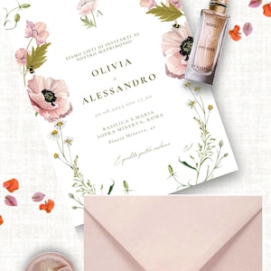 Invito di nozze rosa, romantico con illustrazione fiori, composizione di wedding stationery