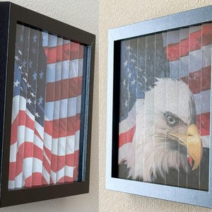 Pu&ograve; includere: Due opere d'arte incorniciate. Una raffigura la bandiera americana, l'altra un'aquila calva. Entrambe sono incorniciate rispettivamente in nero e argento. L'opera d'arte &egrave; divisa in strisce verticali, creando un effetto visivo unico. La bandiera mostra strisce rosse e bianche con stelle blu.