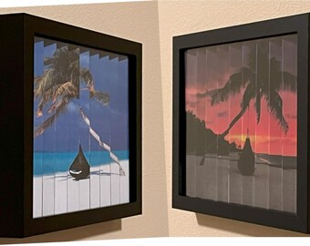 Beach Agamograph: Tranquil Beach Day to Sunset Kinetic Art in 8" x 10" Frame
