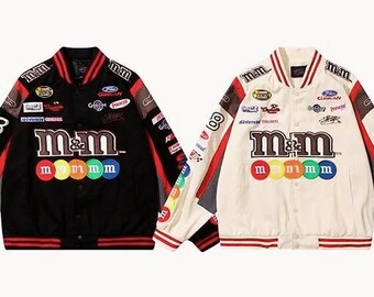 Bombers Jacket Men Women M&M Coat Hip Hop High Street Stand Collar Bomber Varsity Racing Nascar Jacket