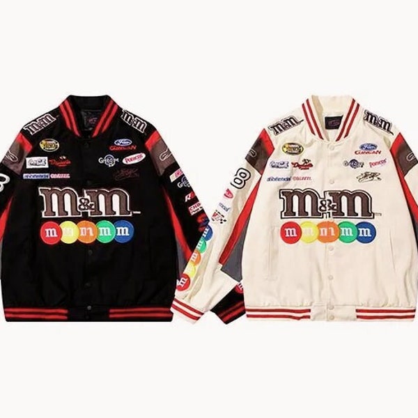 Blouson aviateur homme femme M&M manteau hip hop high street col montant blouson aviateur universitaire course Nascar