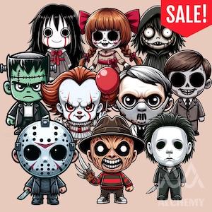 12 Horrorfilm Charaktere Bundle, Horrorfilm Killer PNG, Halloween Chibi Clipart, Gruselig PNG, Horror Bösewichte, Halloween Shirt, PNG
