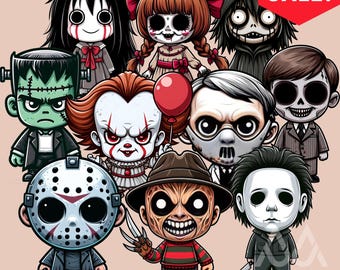 12 Horror Movie Characters Bundle, Horror Movie Killers PNG, Halloween Chibi Clipart, Scary PNG, Horror Villains, Halloween Shirt, PNG