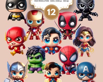 Movie Superhero Characters Bundle, superhero png, baby heroes, Superheroes PNG, avengers clipart, superhero prints, chibi figure, heroes