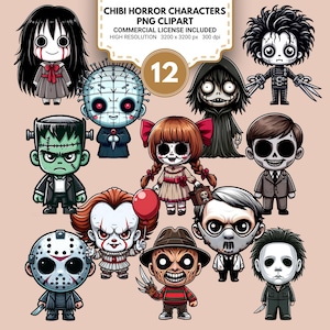 May include: A set of 12 digital illustrations of horror movie characters in a chibi style. The characters are all in a cartoon style and have large heads and small bodies. The characters include Freddy Krueger, Jason Voorhees, Michael Myers, Chucky, Pennywise the Dancing Clown, and more.