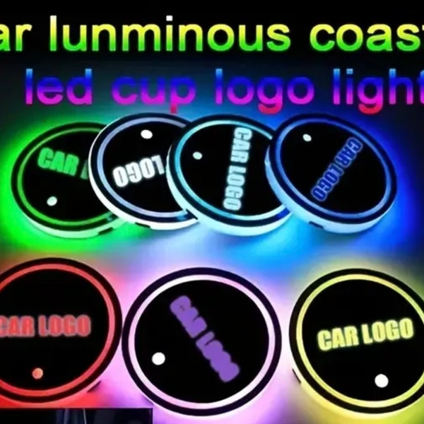 2 x LED Car Coaster logos Cup Holder Lights | 7 Colour-Changing Luminous Car Cup Mats Pads, Rechargeable + automatic sensor