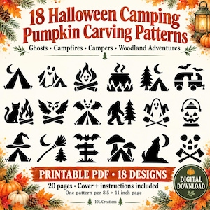 Könnte beinhalten: Eine Sammlung von 18 schwarzen Kürbisschnitzvorlagen mit Camping- und Halloween-Motiven. Der Text lautet 18 Halloween Camping Pumpkin Carving Patterns, Ghosts, Campfires, Campers, Woodland Adventures und Printable PDF.