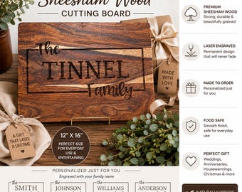 Personalized Sheesham Wood Cutting Board, Custom Engraved Family Name Kitchen Decor