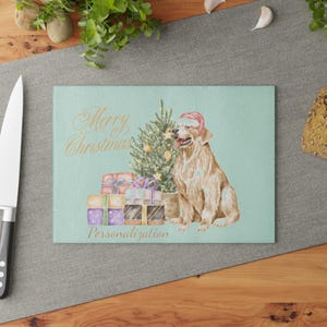 Glass Cutting Board, Golden Retriever in Santa Hat, Personalized Merry Christmas Gift, Holiday Kitchen Decor, Festive Dog, Dog Cutting Board