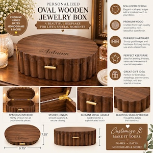 May include: An oval wooden jewelry box with a dark brown finish, featuring a scalloped edge, a gold-tone metal handle, and the name Autumn engraved on the lid. The box measures 9.75 inches wide and 4 inches high, with gold-tone hinges inside.