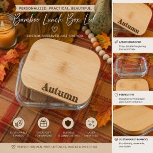 Puede incluir: Una tapa rectangular de bambú para fiambrera con el nombre Autumn grabado a láser en la superficie. La tapa se muestra sobre un recipiente de cristal transparente. El texto de la imagen incluye Bamboo Lunch Box Lid.