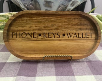 phone wallet keys, Phone Keys Wallet Etched Wooden Valet Tray - Funny Entryway Reminder Organizer & Couple Gift