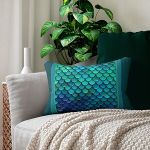 Mermaid Scales Lumbar Pillow, Ocean Theme Coastal Home Decor, Fish Scale Print Pillow, Blue Green Throw Cushion, Beach House Accent Pillow