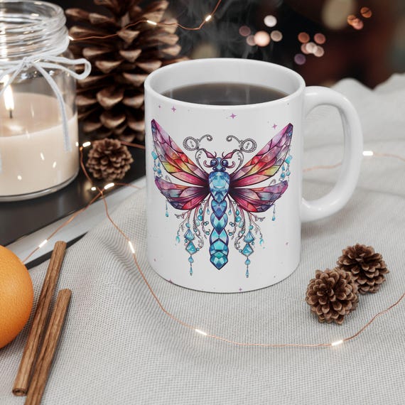 Mystic Dragonfly Coffee Mug Large 15 oz Ceramic Coffee Cup with Gemstone  Dragonfly Blue Purple Bright Colors Mug Gift for Her