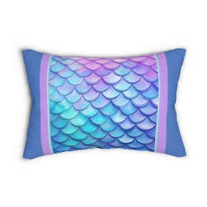 Mermaid Scales Lumbar Pillow, Pink Purple Ocean Coastal Cushion, Double Sided Print