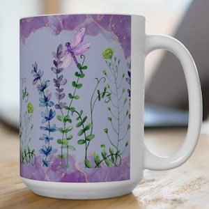 Coffee Mug for Mom Wildflowers Dragonflies Ceramic Large Coffee Mug 15oz Purple Nature Mothers Day Gift for Her Pretty Mugs
