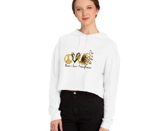 Peace Love Sunflower Cropped Hoodie, Dam hösttröja, Hippie Flower Hoodie, Boho Pullover, Höstfärger, Festivalkläder