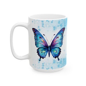 Butterfly Mug Gift for Her Blue Purple Butterflies Large 15 oz Ceramic Mug Dishwasher Safe Butterfly Coffee Cup