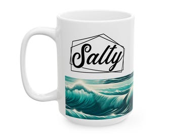Ocean Waves Ceramic Mug, Salty Coffee Cup 15oz, Teal Beach Drinkware, Coastal Kitchen Decor, Seaside Sea Lover Gift, Unique Nautical Tea Cup