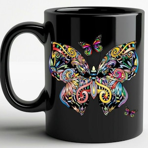 Coffee Mug Gift for Mom Butterflies on Black Coffee Mug Dayglow Vibrant Colors Butterfly Mug Large 15oz Gift for Her Gift for Wife