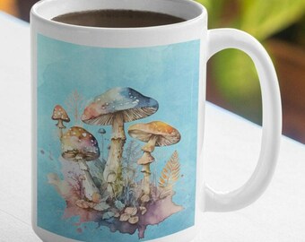 Coffee Mug Mushroom Watercolor Gift for Her Large 15oz Ceramic Coffee Cup Gift for Mom Mothers Day Gift Watercolor Mushrooms Forest