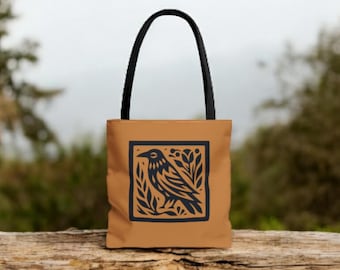 Bolso de mano gótico con cuervo, bolso de mano de Halloween en color ocre tostado, bolso de mano de arte popular otoñal, bolso extragrande para mujer, bolso de hombro vegano gótico.