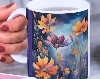 Gift for Her Coffee Mug Orange Flowers Large Coffee Cup Purple Flowers Large Ceramic Mug 15oz Mothers Day Gift for Mom Mug Gift for Wife
