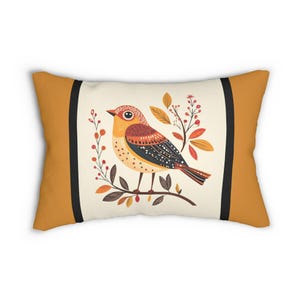Folk Art Bird Throw Pillow Mustard Yellow Red Lumbar Pillow