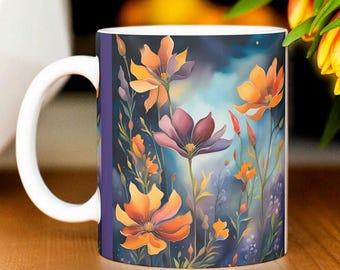 Coffee Mug Gift for Her Orange Flowers Coffee Mug Purple Flowers Large Ceramic Mug 15oz Mothers Day Gift for Mom Mug Gift for Wife Coworker