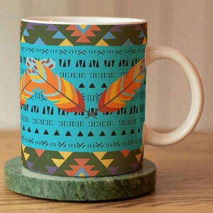 Coffee Mug Gift for Her Southwest Aztec Mug Tribal Pattern Feathers Large Ceramic Coffee Mug 15oz Dishwasher Safe Native Art Gifts