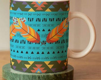 Coffee Mug Gift for Her Southwest Aztec Mug Tribal Pattern Feathers Large Ceramic Coffee Mug 15oz Dishwasher Safe Native Art Gifts