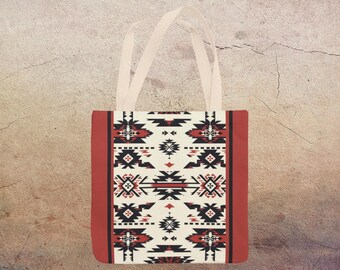 Southwest Tote Bag, Black Red Cream Aztec Print, Carry All Handbag Purse, Tribal Boho Shoulder Bag, Printed Both Sides
