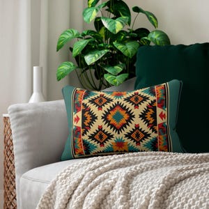 Southwest Aztec Lumbar Throw Pillow - Large Rectangular Couch Pillow in Teal, Red, Cream and Black - Reversible Design