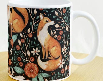 Fox Mug Floral Coffee Mug Large Ceramic Mug 15oz Fox Forest Design Boho Nature Lovers Gifts for Her Christmas Stocking Stuffer Gifts