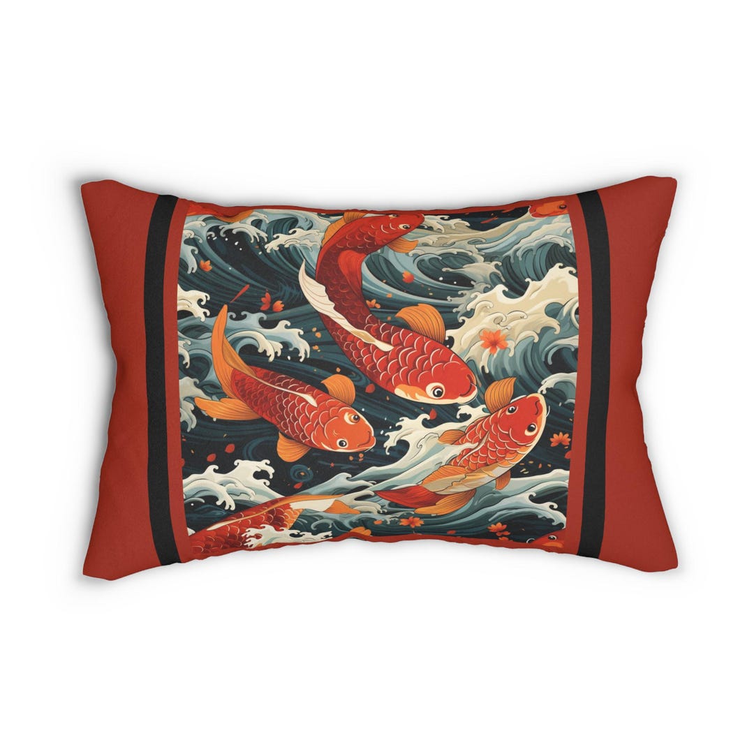 Dramatic Pillows Dramatic Koi Folk Art Lumbar Pillow | Auspicious Reversible Good Luck ...