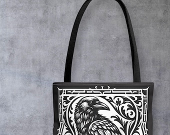 Gothic Crow Tote Bag, Halloween Shoulder Bag, Witchy Market Tote, Raven Print Handbag, Mystical Gothic Purse, Black Bird Reusable Grocery
