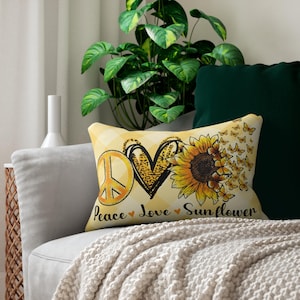 Sunflower Yellow Plaid Lumbar Pillow, Peace Love Throw Pillow, Original Art, Rectangular Cushion, Home Decor Accent