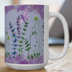 Coffee Mug for Her Purple Dragonfly Mug Wildflowers Dragonflies Ceramic Large Coffee Mug 15oz Lavender Nature Mothers Day Gift for mom
