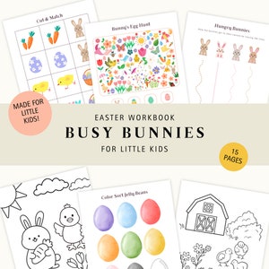 Può includere: Un quaderno di attività pasquale colorato per bambini piccoli con 15 pagine di attività. La copertina presenta un coniglietto con un cestino di uova, un pulcino e una carota. Il titolo è "Busy Bunnies for Little Kids".