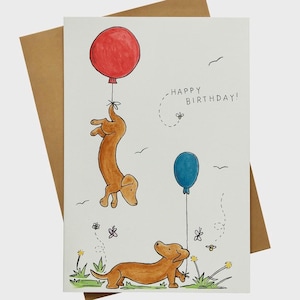 Cartão de aniversário de Dachshund – Saudação de cachorro em aquarela feita à mão com balões