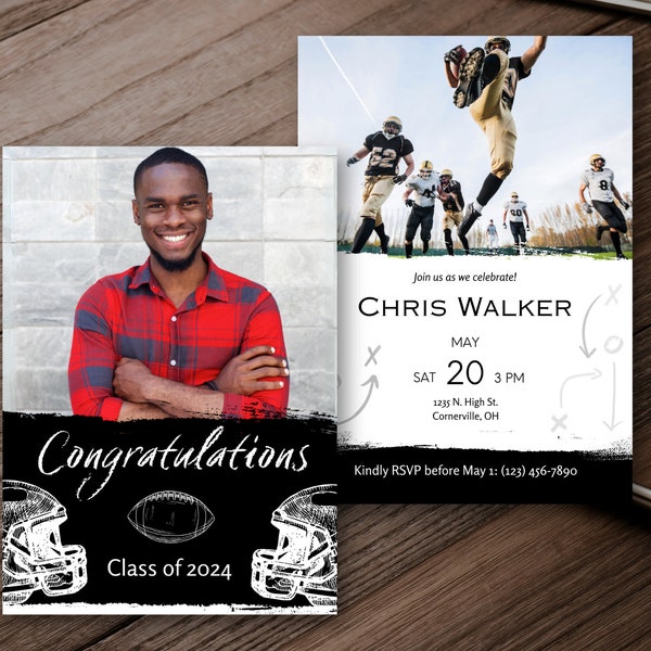 Football Theme Graduation Invite, Editable Template, Sports Theme Invitation, Boys Graduation Card, Athletic Football Graphics