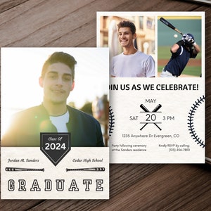 May include: Graduation invitation with a baseball theme. The invitation features a photo of a young man in a black jacket, a baseball diamond with the text "Class of 2024", and two crossed baseball bats. The invitation also includes the text "Jordan M. Sanders", "Cedar High School", and "Graduate".